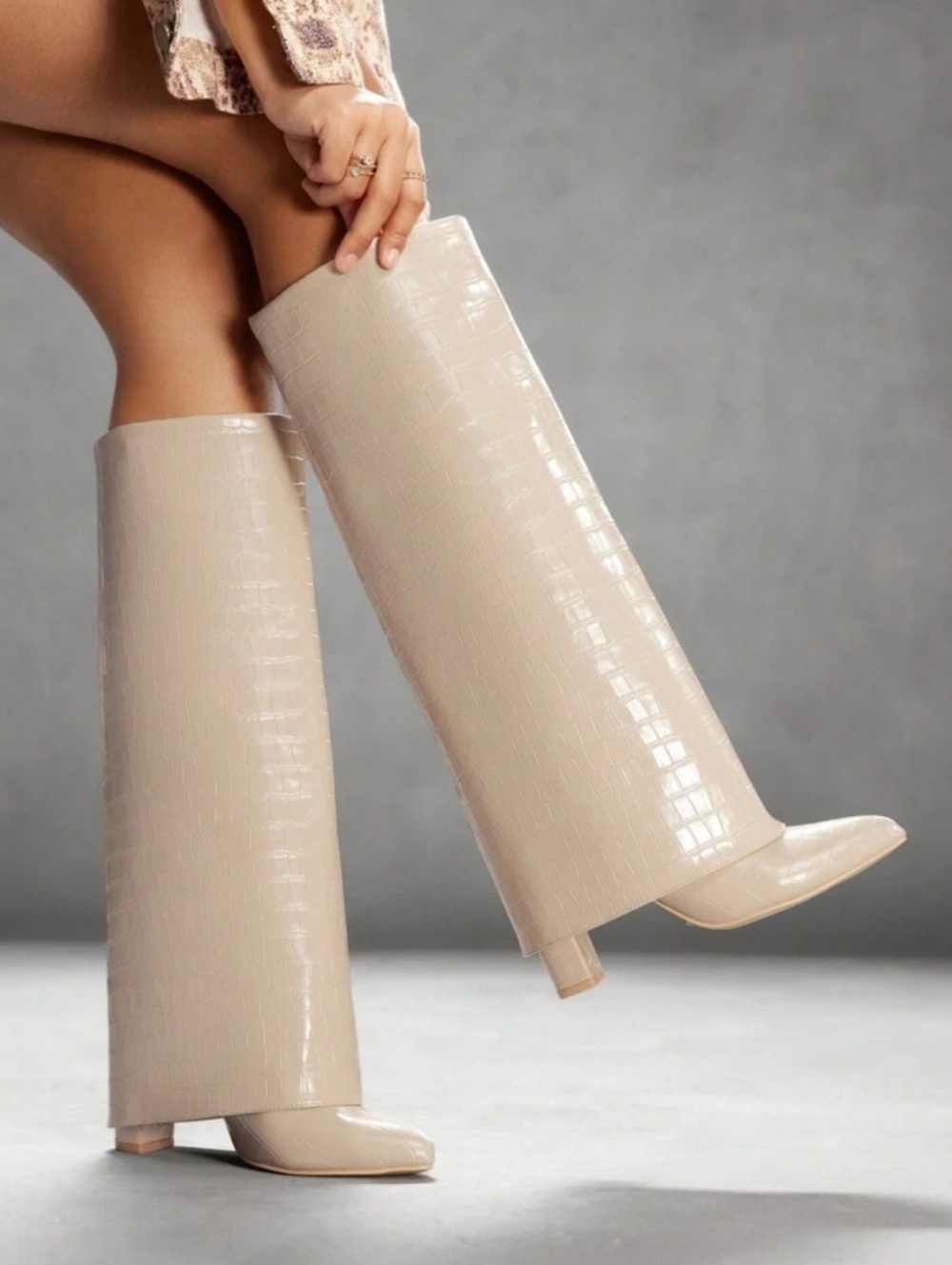Shein Beige Cream Croc-Embossed Knee Boots